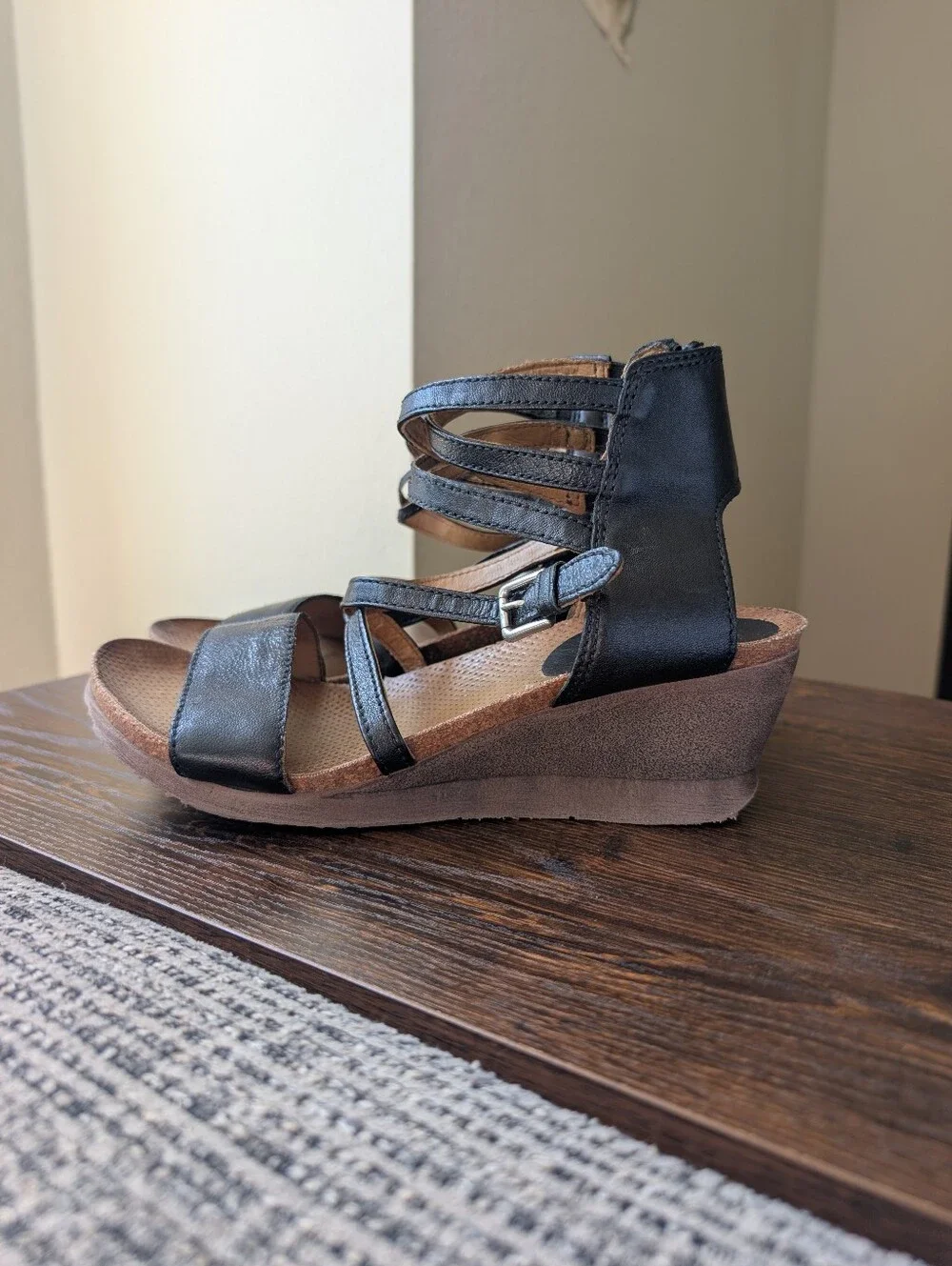 Miz Mooz Shay Black Leather Strappy Wedge Sandals